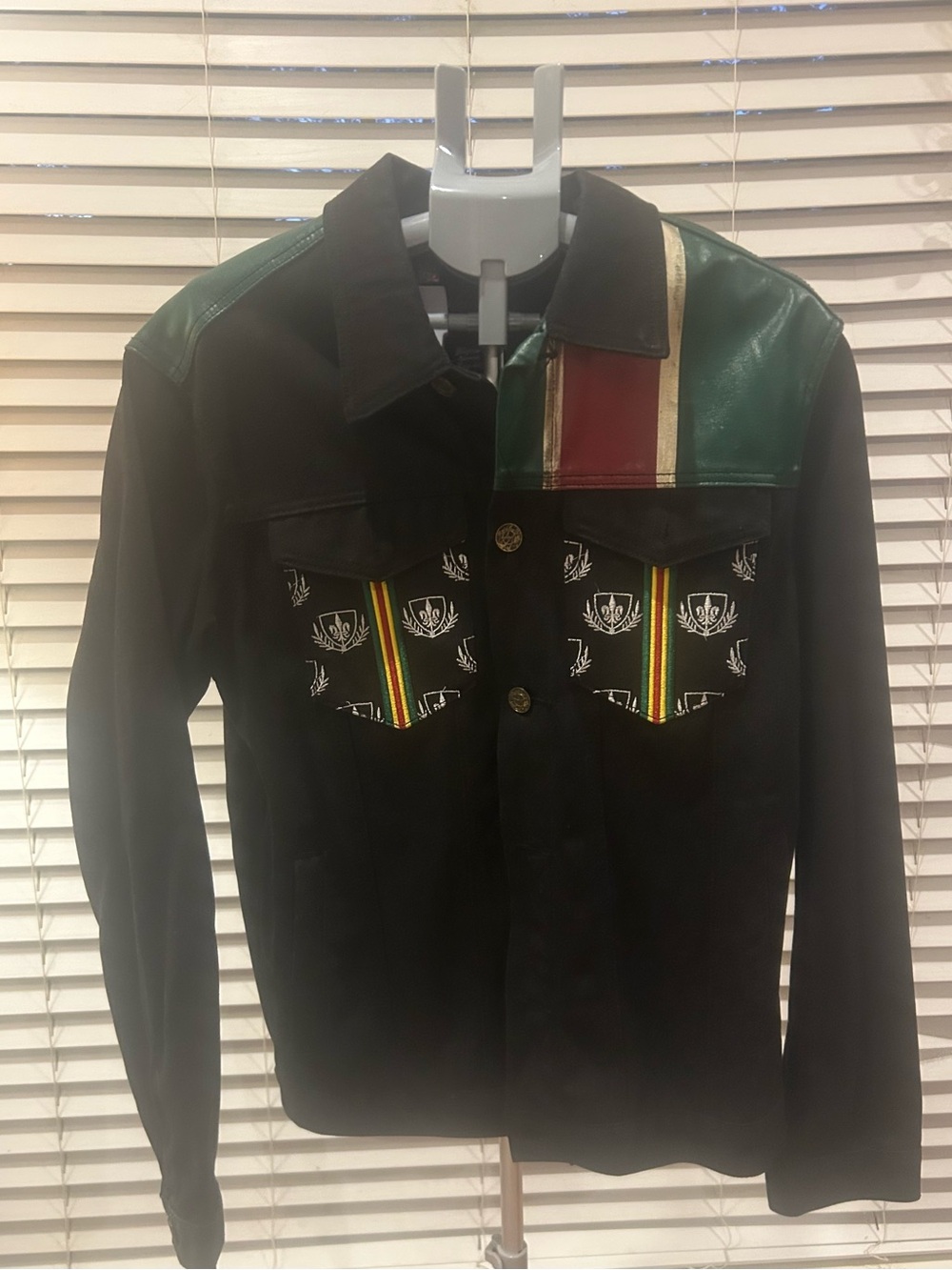 Men's Black Jacket with Green & Burgundy Accents Size L